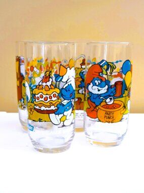 Smurfs Vintage Set Of 4 Drinking Glasses 1983 Handy, Papa, Clumsy, Baker Smurf